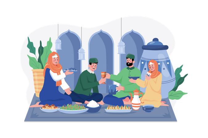 Muslim family doing Iftar Party Illustration