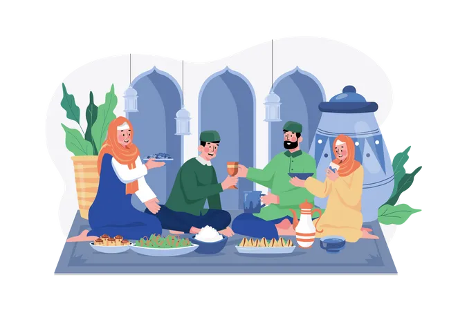 Muslim family doing Iftar Party Illustration