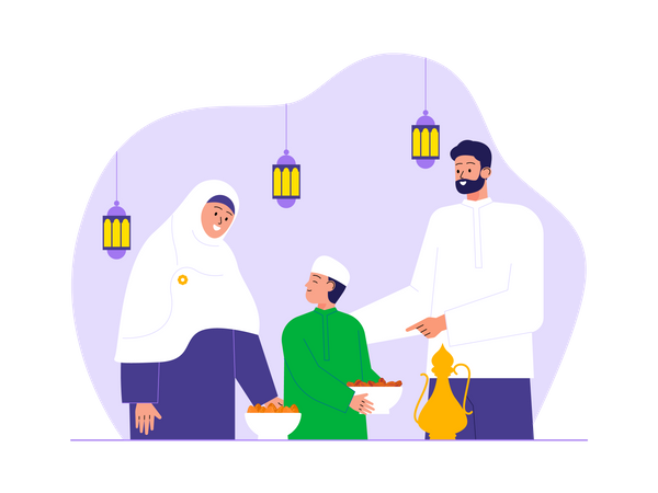 Muslim family doing Iftar Party  Illustration