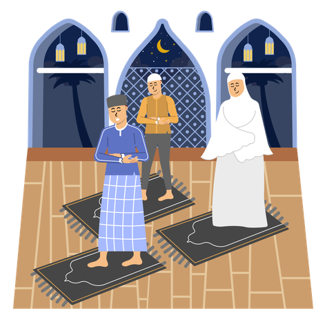 Muslim family doing muslim prayer on prayer rug  Illustration