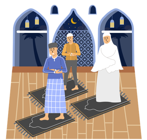 Muslim family doing muslim prayer on prayer rug  イラスト