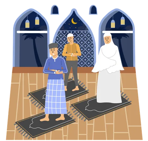 Muslim family doing muslim prayer on prayer rug  Illustration