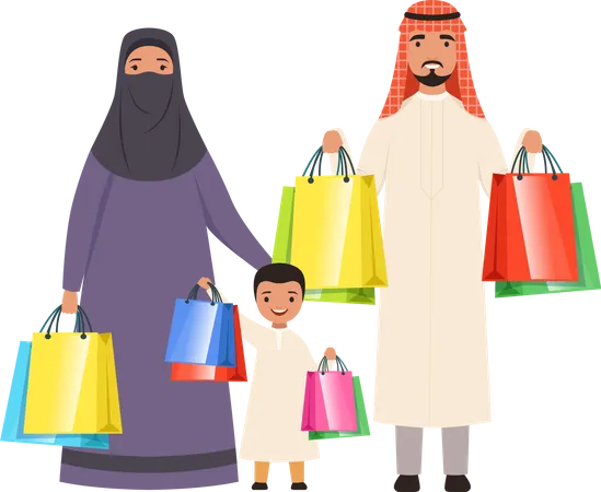 Arab Family Shopping Muslim Happy People Character Illustration
