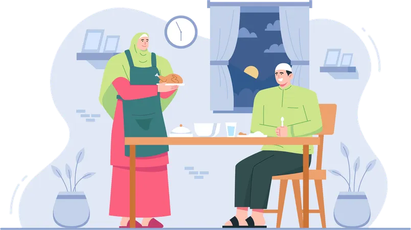 Muslim family eating breakfasting  Illustration