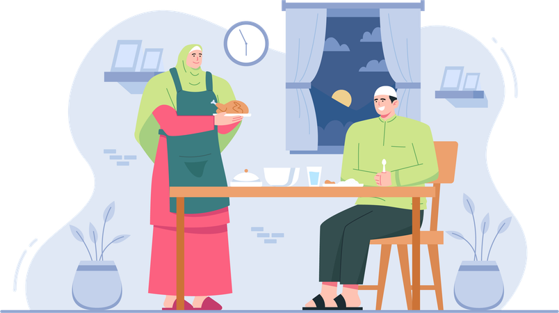 Muslim family eating breakfasting  Illustration