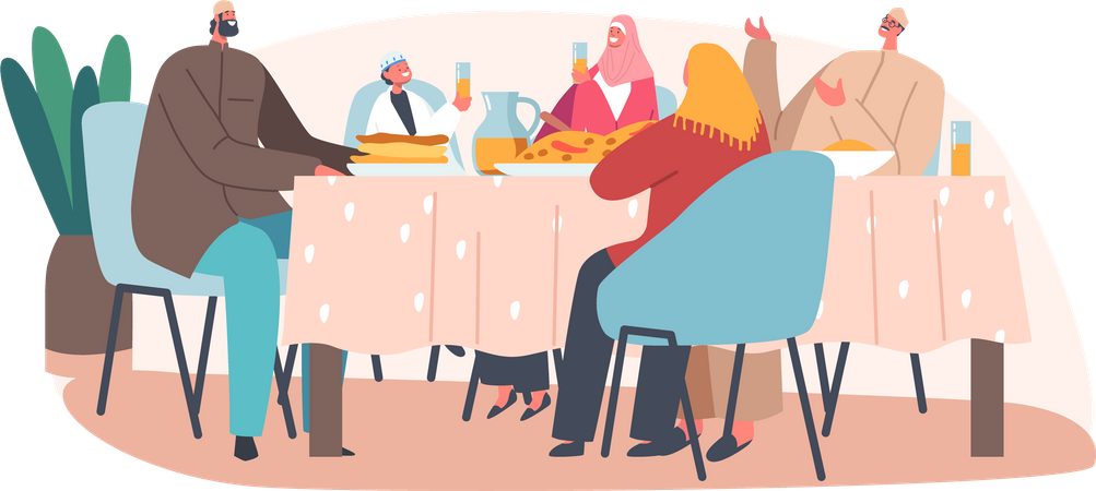 Muslim Family Eating Dinner on Ramadan  Illustration