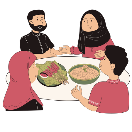 Muslim family eating Eid al-Adha food together  Illustration