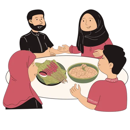 Muslim family eating Eid al-Adha food together  Illustration