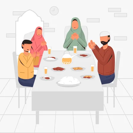 Muslim Family Eating Fasting Dinner  일러스트레이션