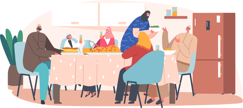 Muslim Family Eating Iftar Sitting Together at Table Illustration