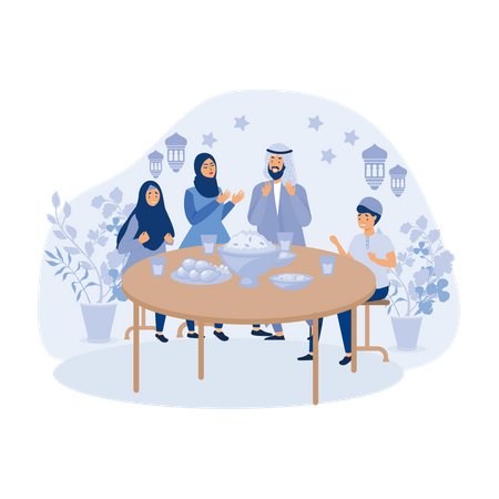 Muslim family eating Ramadan dinner Illustration