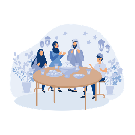 Muslim family eating Ramadan dinner  Illustration