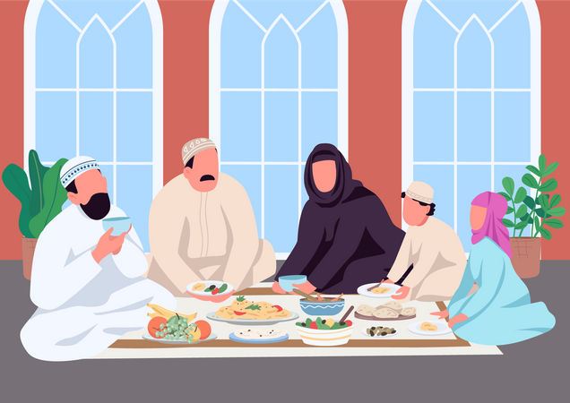 Muslim family eating together  イラスト