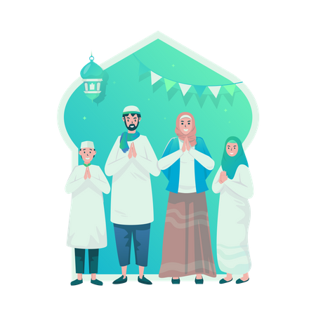 Muslim family Eid greetings  Illustration