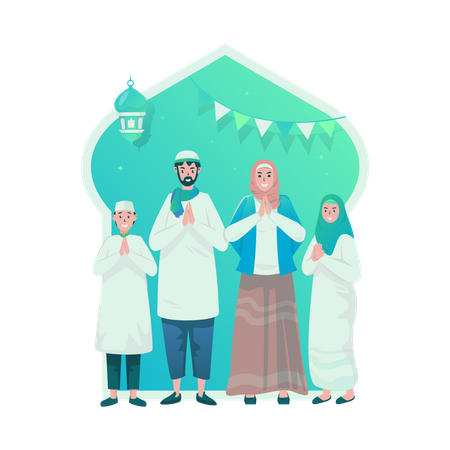Muslim family Eid greetings  Illustration