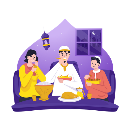 Muslim family enjoying Iftar meal  Illustration