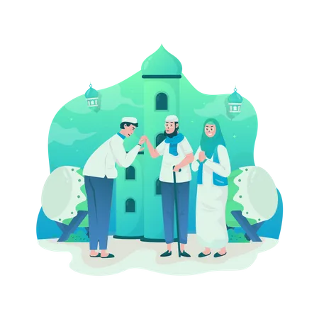 Muslim Family Gathering With A Man Kissing The Hands Of His Parents For Eid Mubarak Concept Illustration