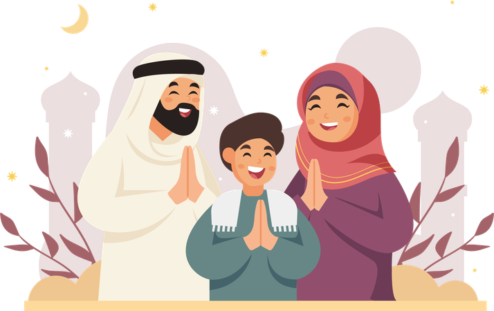 Muslim Family Giving Greetings  Illustration