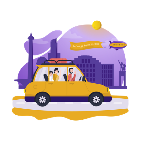 Muslim family going back to hometown  イラスト
