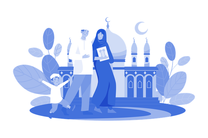 Muslim Family Going To Mosque  Illustration