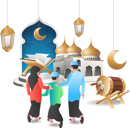 Muslim family going to mosque  Illustration
