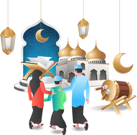 Muslim family going to mosque Illustration