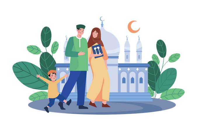 Muslim Family Going To Mosque Illustration