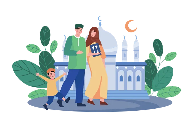 Muslim Family Going To Mosque Illustration