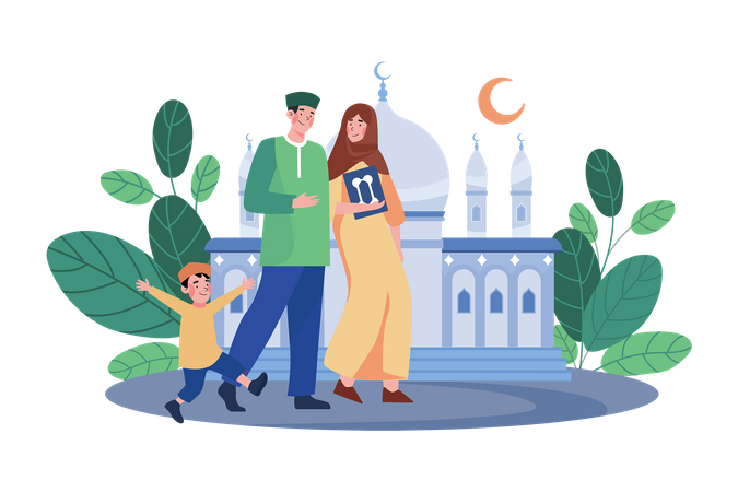 Muslim Family Going To Mosque  Illustration