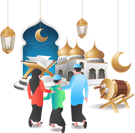 Muslim family going to mosque  Illustration