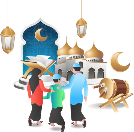 Muslim family going to mosque  Illustration