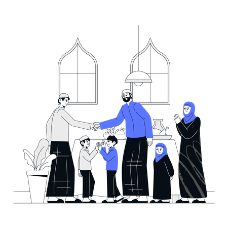 Muslim family greeting Eid Al Adha with their neighbor  일러스트레이션
