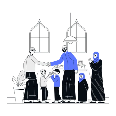 Muslim Family Greeting Eid Al Adha With Their Neighbor Illustration