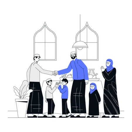 Muslim family greeting Eid Al Adha with their neighbor  Illustration