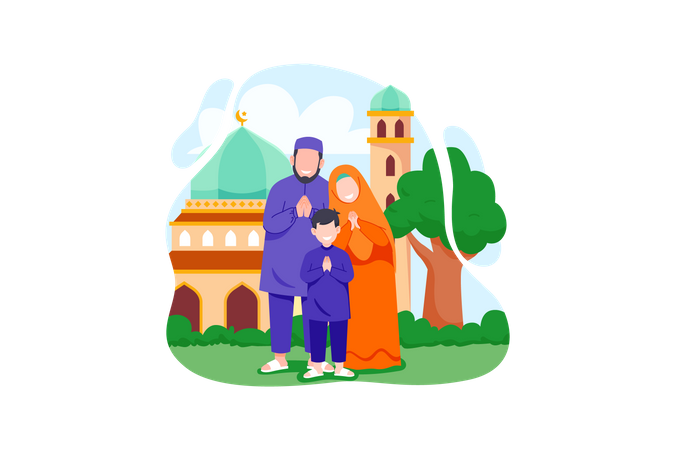 Muslim family greeting ramadan Illustration