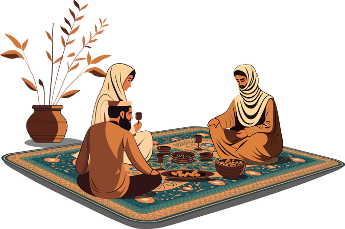 Muslim Family Having Delicious Meals Together Illustration