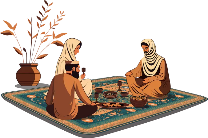 Muslim Family Having Delicious Meals Together  Illustration