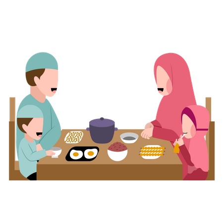Muslim Family Having Dinner Together Illustration