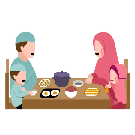Muslim Family Having Dinner Together Illustration
