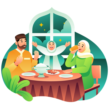 Muslim Family Having Iftar Dinner  일러스트레이션
