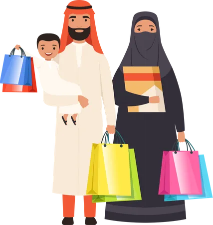 Muslim family holding shopping bags  Illustration