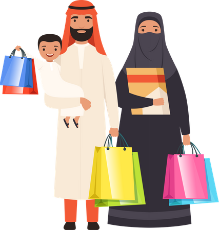 Muslim family holding shopping bags  Illustration