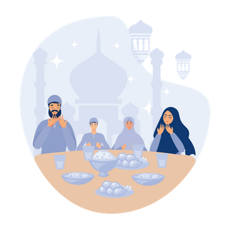 Muslim family iftar enjoying ramadan kareem mubarak together in happiness during fasting with meal  Illustration