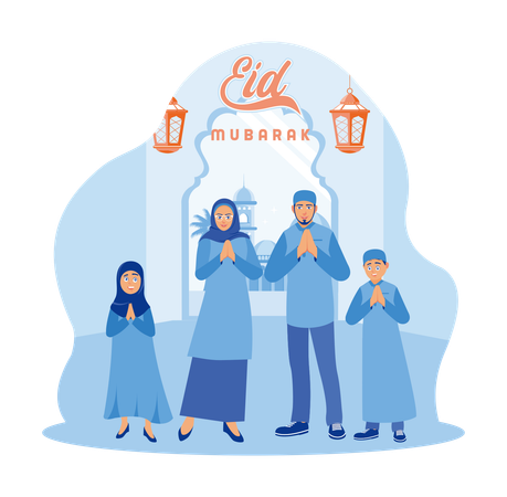 Muslim Family In Matching Blue Clothes Celebrating Eid Festival  Illustration