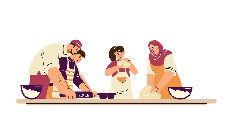 Muslim family in the kitchen rolling and kneading dough together at the table  Illustration