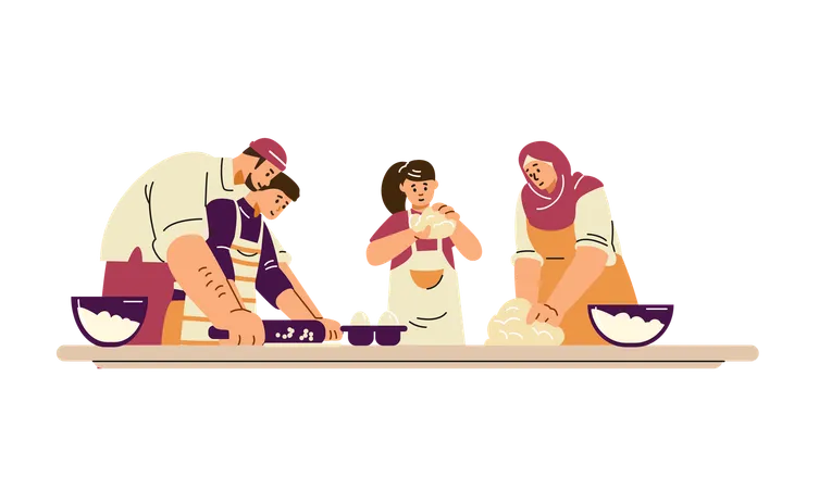 Muslim family in the kitchen rolling and kneading dough together at the table  Illustration