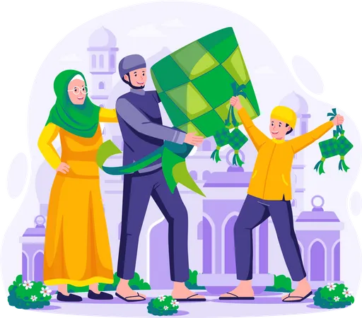 Muslim Family is holding a large Ketupat Illustration