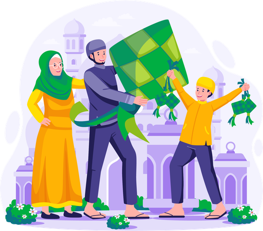 Muslim Family is holding a large Ketupat  Illustration