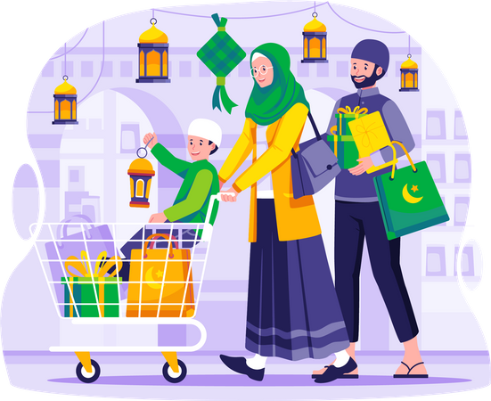 Muslim Family is shopping in the grocery market store  Illustration