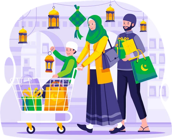 Muslim Family is shopping in the grocery market store  Illustration